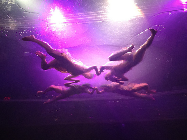 Performers in Fuerza Bruta as seen from below