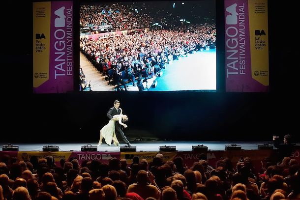 A couple dancing tango on stage during the tango festival in Buenos Aires